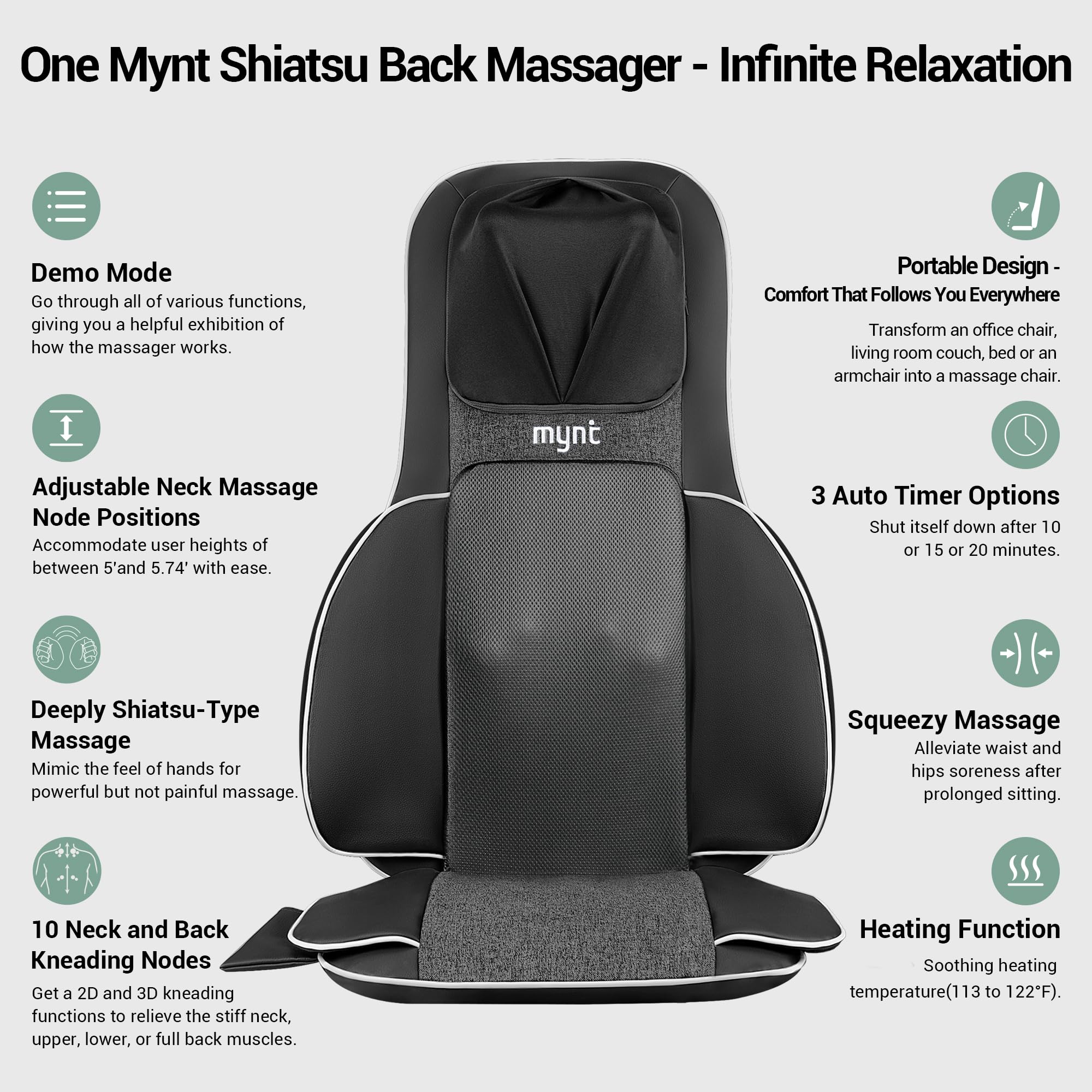 Mynt masajeador colocado en sillón en uso, ofrece masaje shiatsu práctico en casa