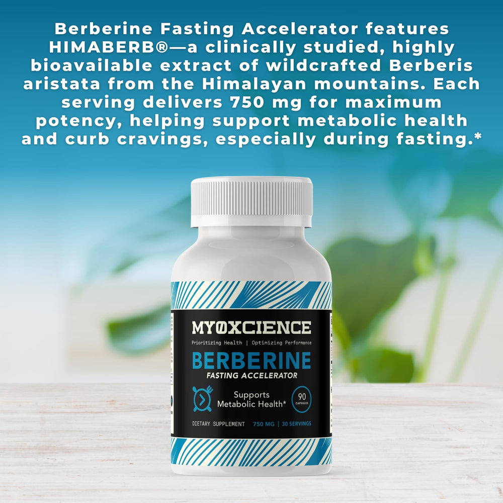 MYOXCIENCE Berberine Fasting Accelerator bottle back with dosage and usage notes.