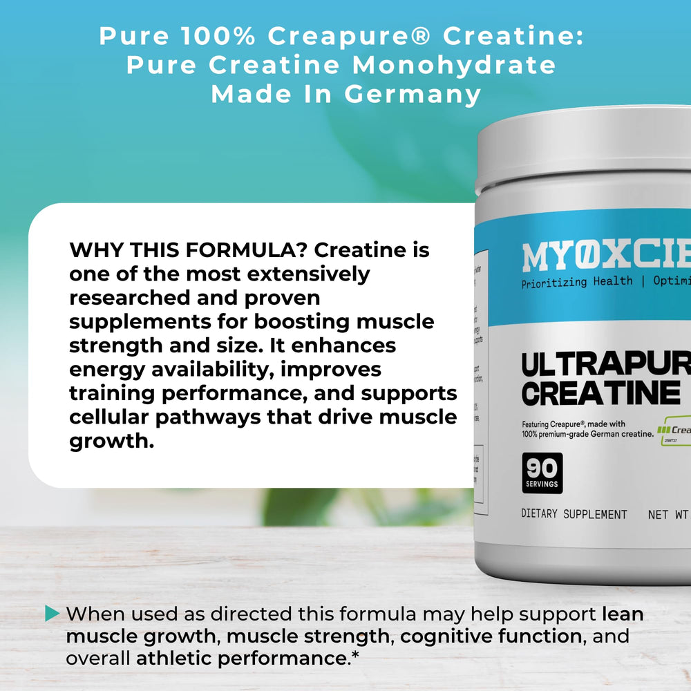 MYOXCIENCE Creapure etiqueta con ingredientes, transparencia en calidad