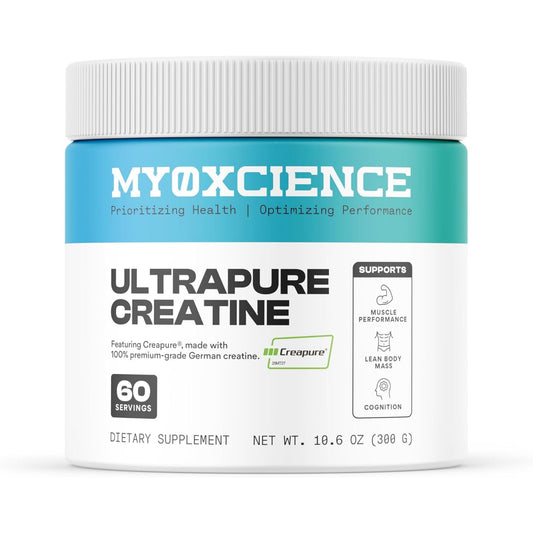 MYOXCIENCE frasco Creapure frontal mostrando diseño y cantidad