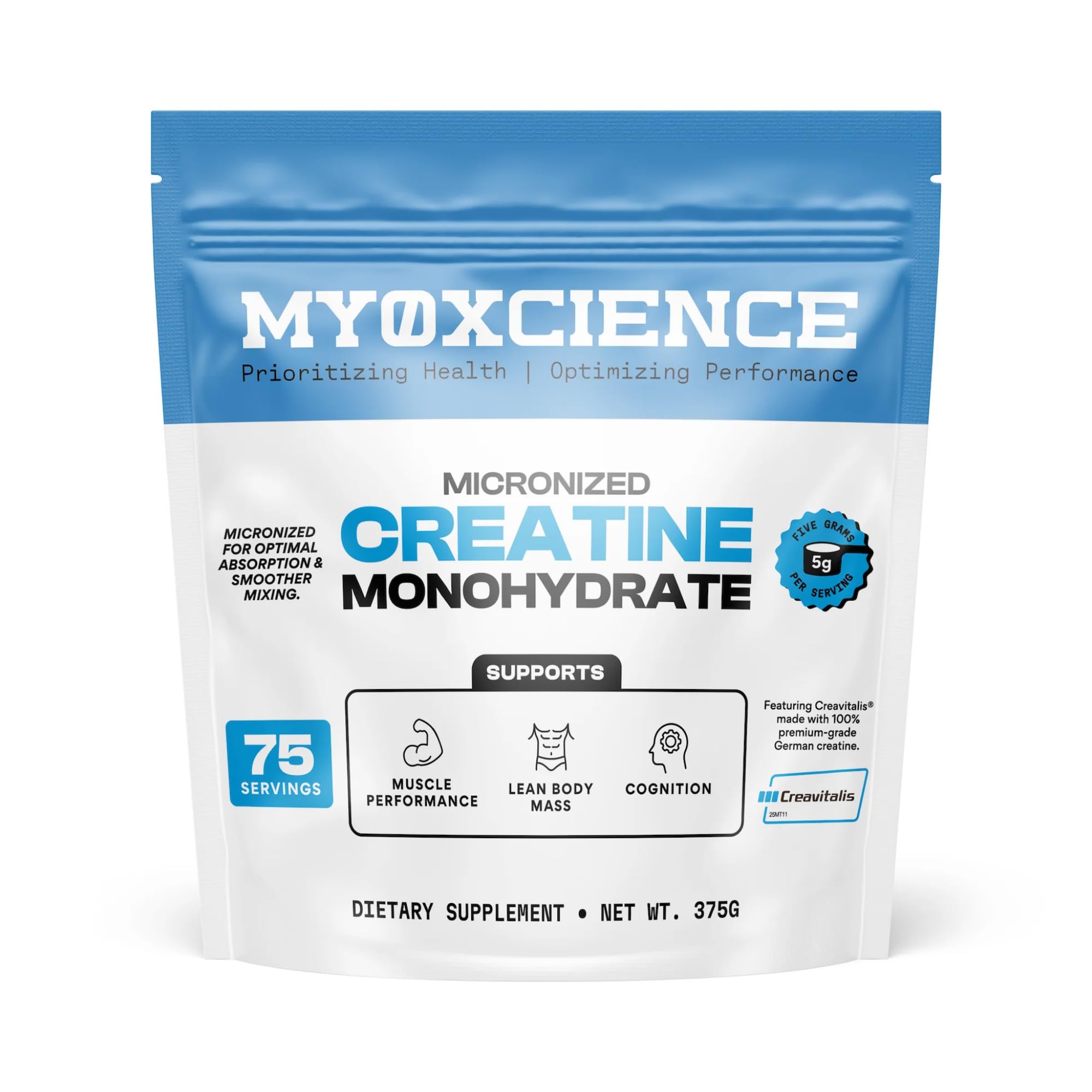 MYOXCIENCE envase frontal mostrando Creavitalis y beneficio de pureza