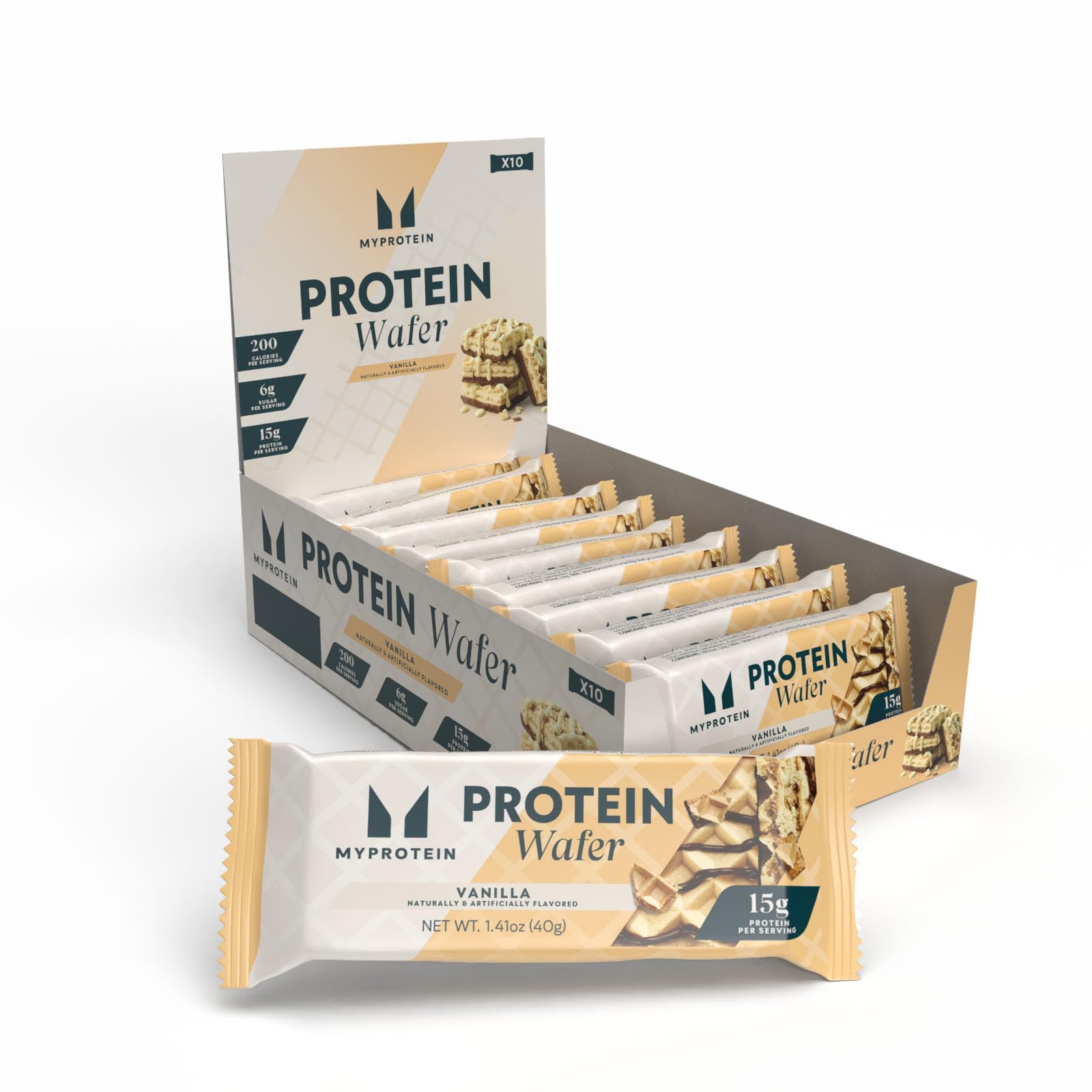 Myprotein caja delantera mostrando diseño y sabor vainilla, opción alta en proteínas