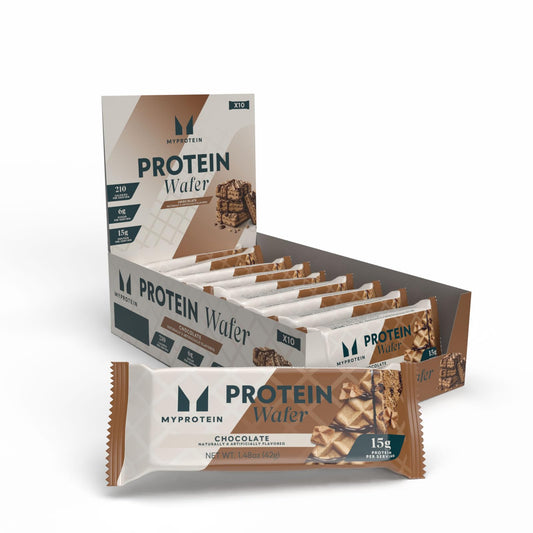 Myprotein caja frontal mostrando 10 obleas, conveniencia portátil