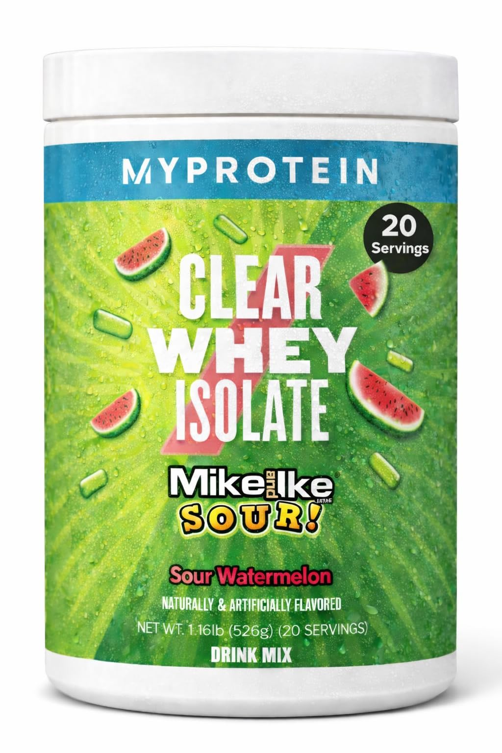 Myprotein envase frontal Sour Watermelon con etiqueta clara y beneficios