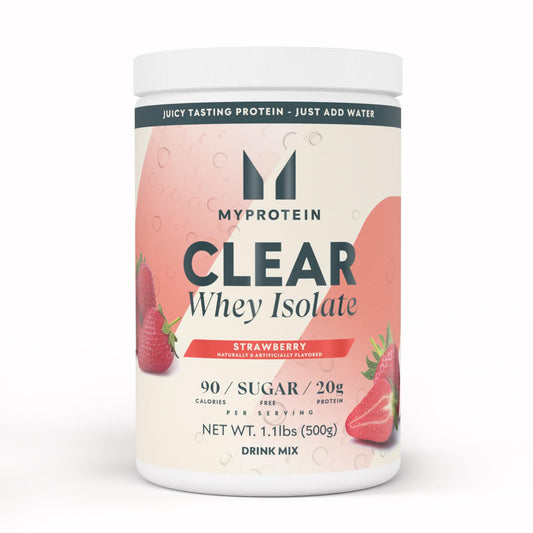 Myprotein Clear Whey Isolate en vaso transparente, sabor fresa, bebida ligera y refrescante