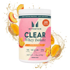 Myprotein envase Clear Whey Peach Mango mostrando diseño y tamaño, claridad instantánea