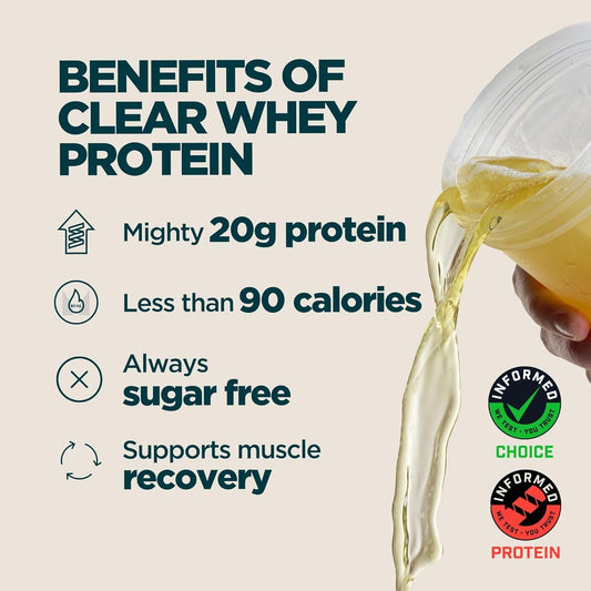 Myprotein polvo fino de Clear Whey mostrando textura y mezcla fácil