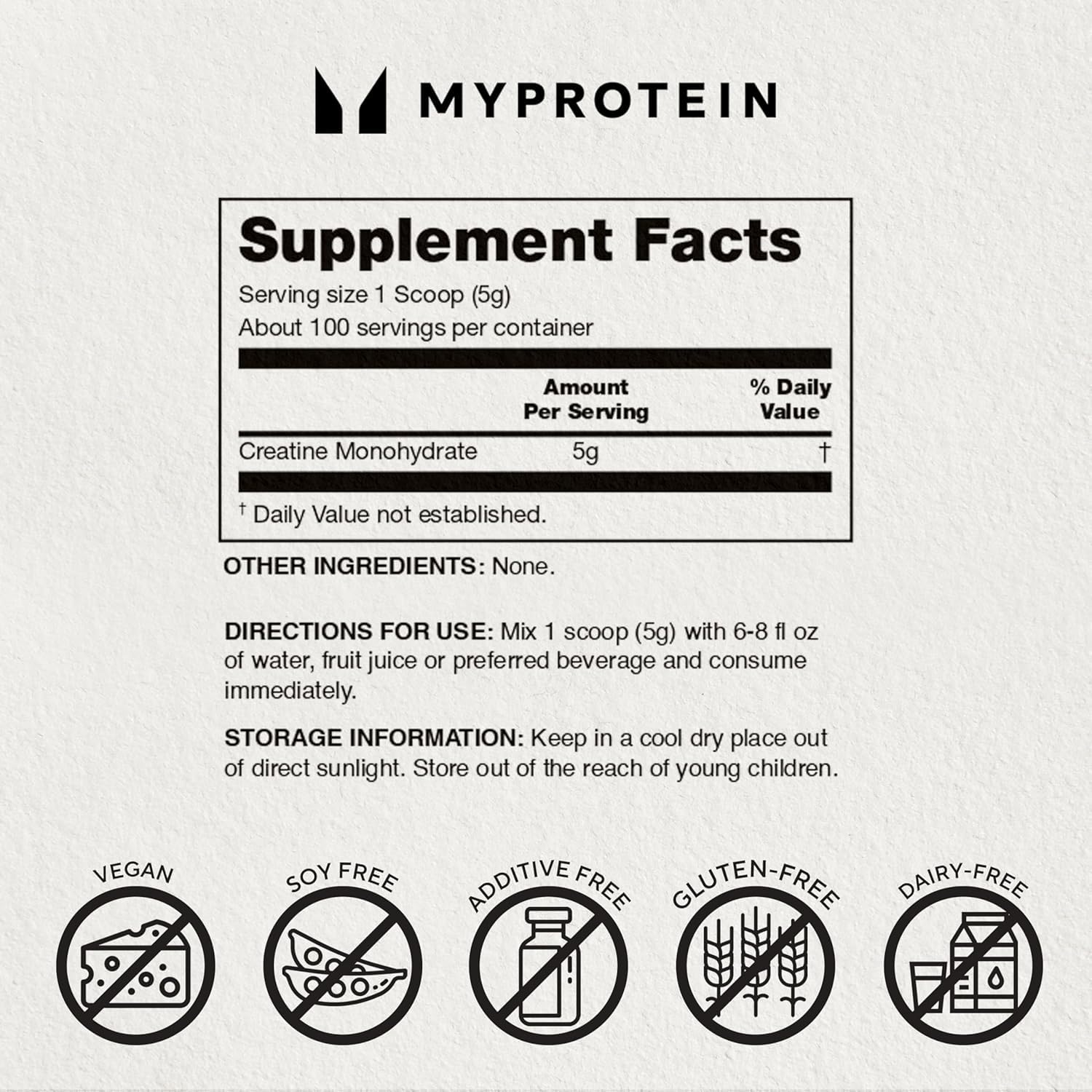 Myprotein creatina comparación de tamaño con manos, clarifica cantidad y duración