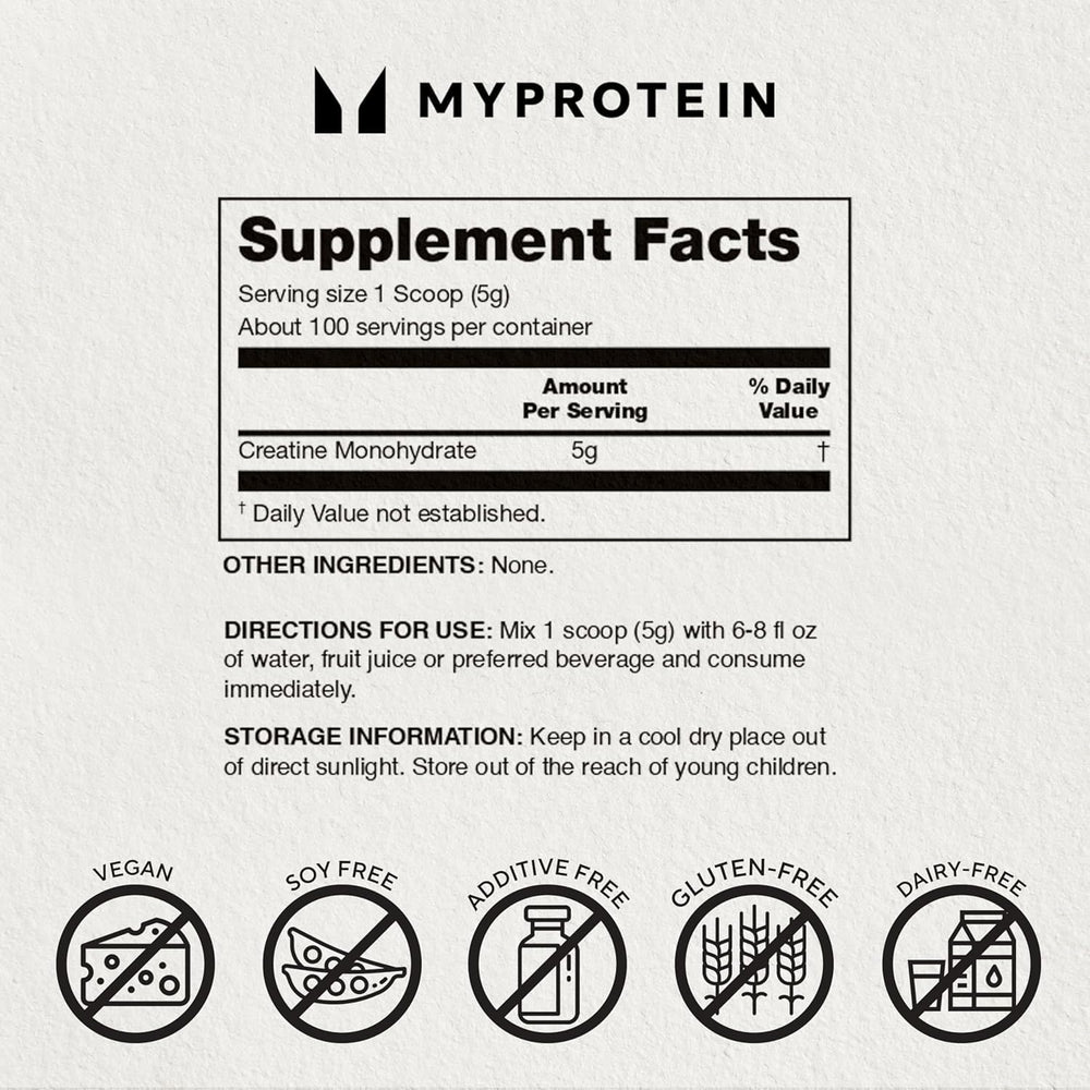 Myprotein creatina comparación de tamaño con manos, clarifica cantidad y duración