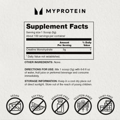 Myprotein creatina comparación de tamaño con manos, clarifica cantidad y duración