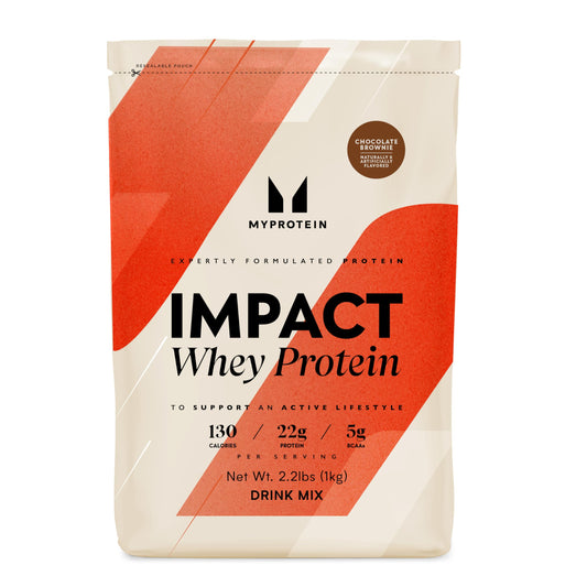 Myprotein envase frontal chocolate brownie mostrando etiqueta y formato útil