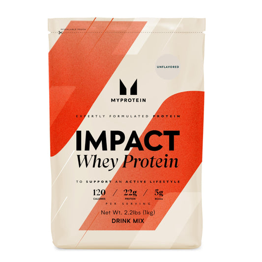 Myprotein envase frontal mostrando marca y tamaño, facilidad de almacenamiento