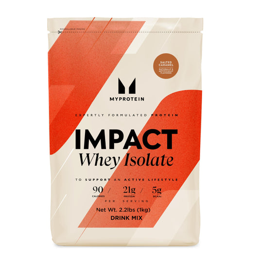 Myprotein Impact Whey Isolate Salted Caramel bottle front supports post-workout recovery