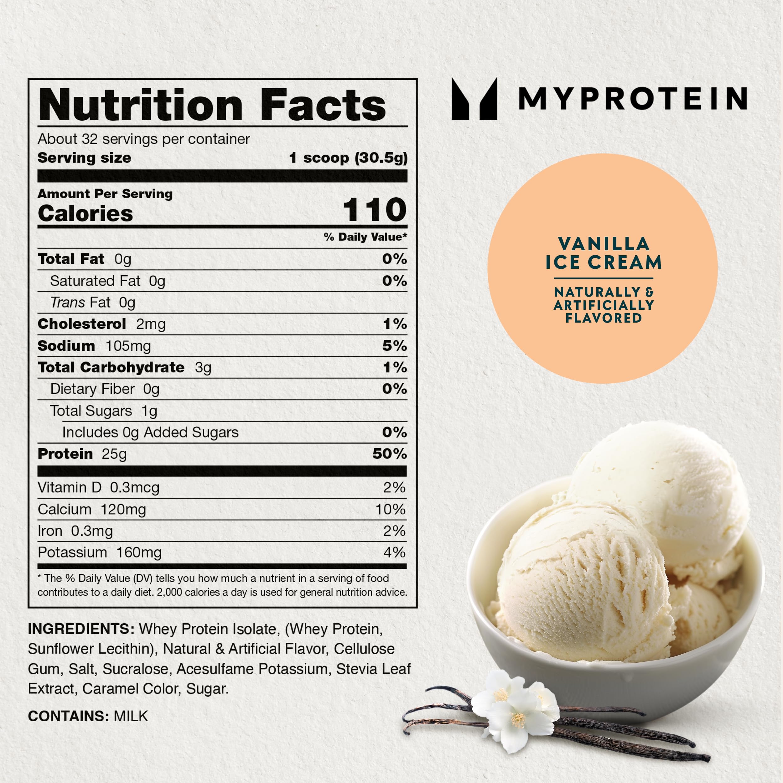 Myprotein Impact Whey Isolate Vanilla ingredient mix, blend with juice or milk.