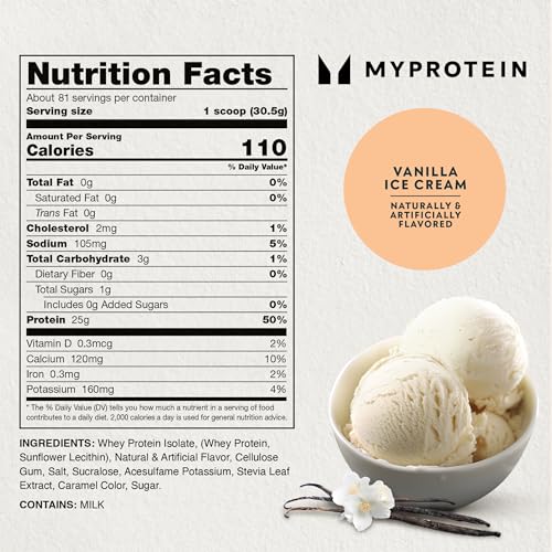 Myprotein Impact Whey Isolate Vanilla scoop, convenient protein boost after training.