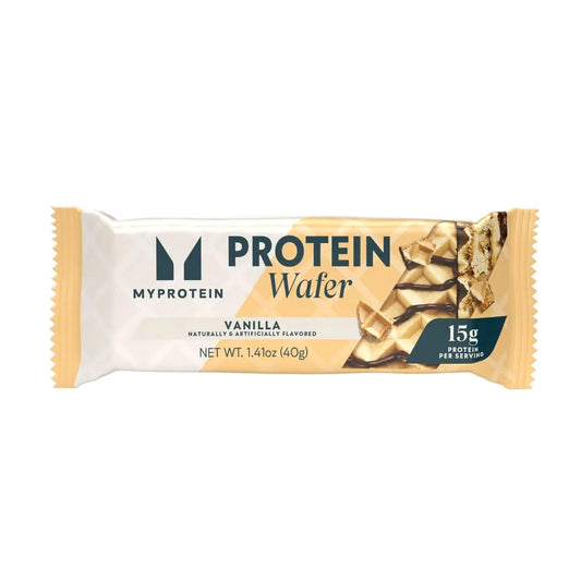Myprotein una oblea ensamblada con capas visibles, crujiente y alta proteína