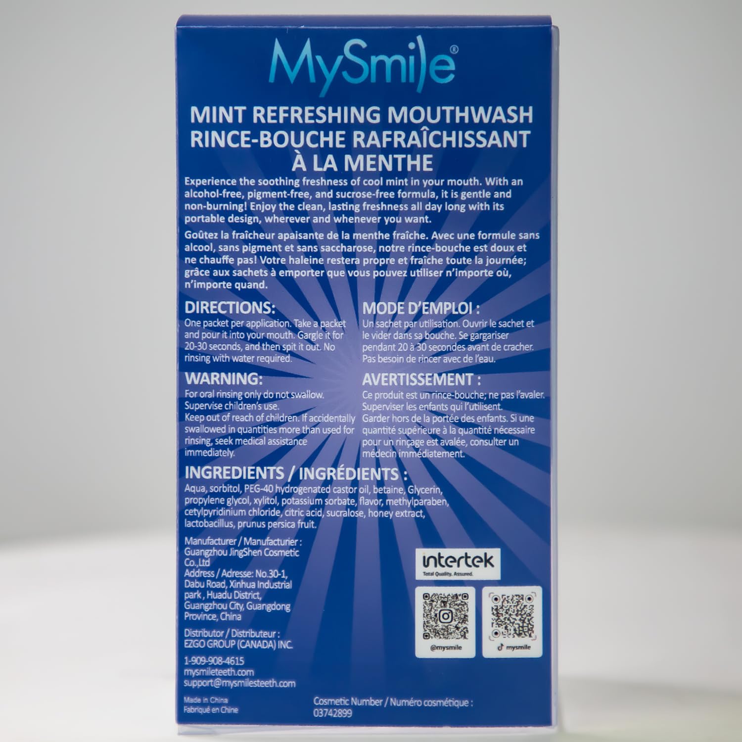 MySmile sobres dentro de un bolso de viaje para frescura inmediata