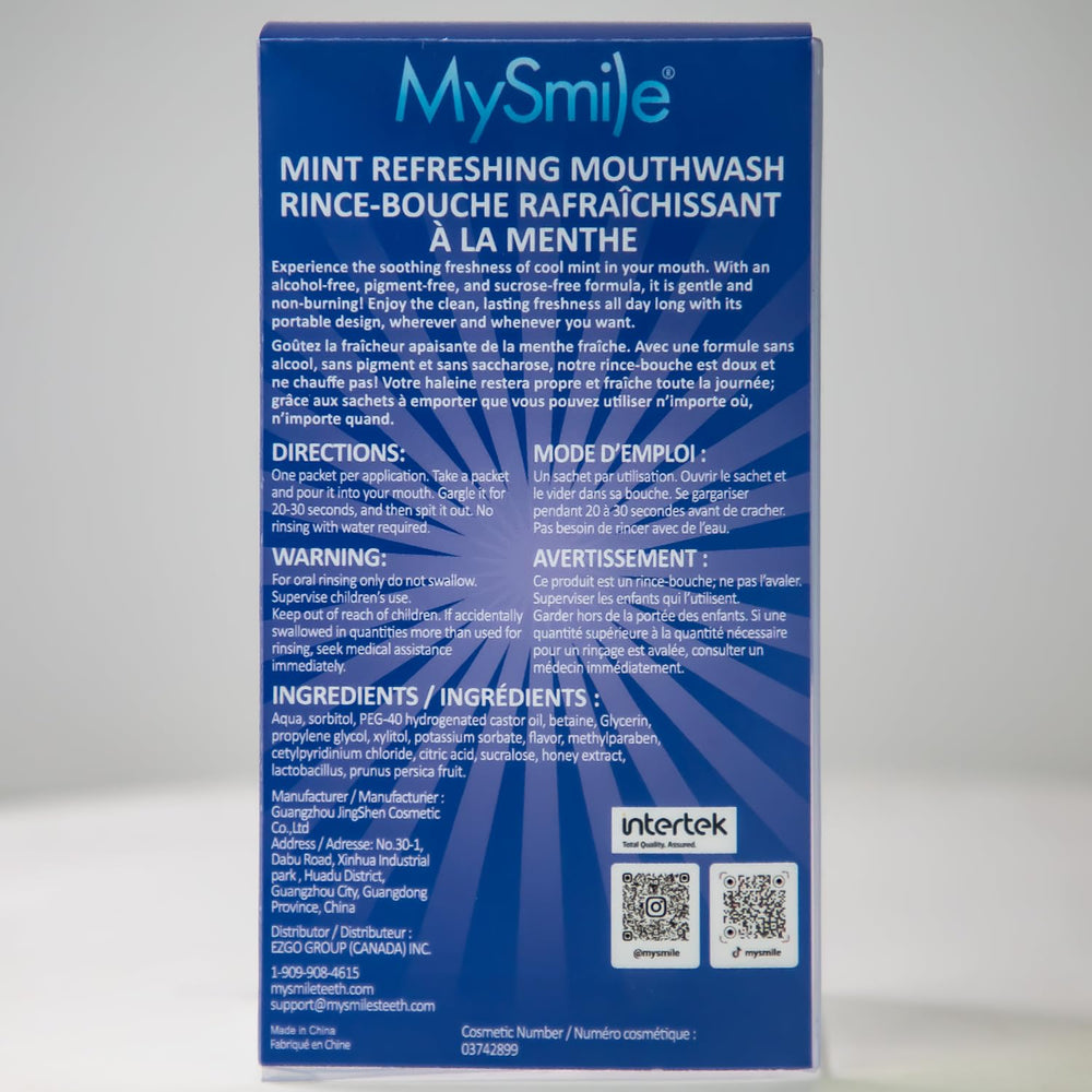 MySmile sobres dentro de un bolso de viaje para frescura inmediata