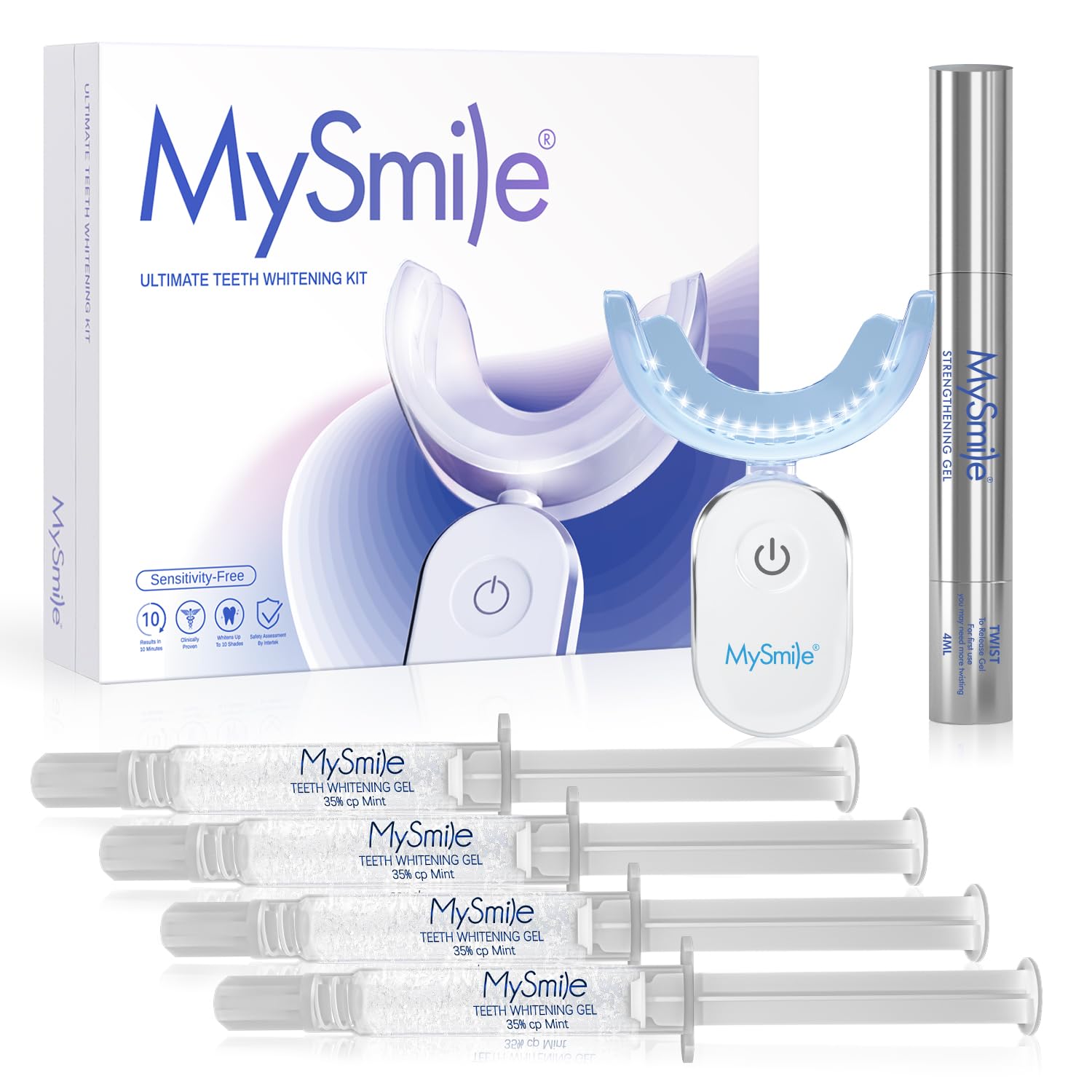 MySmile empaque frontal del kit mostrando accesorios y beneficios