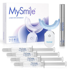 MySmile empaque frontal del kit mostrando accesorios y beneficios