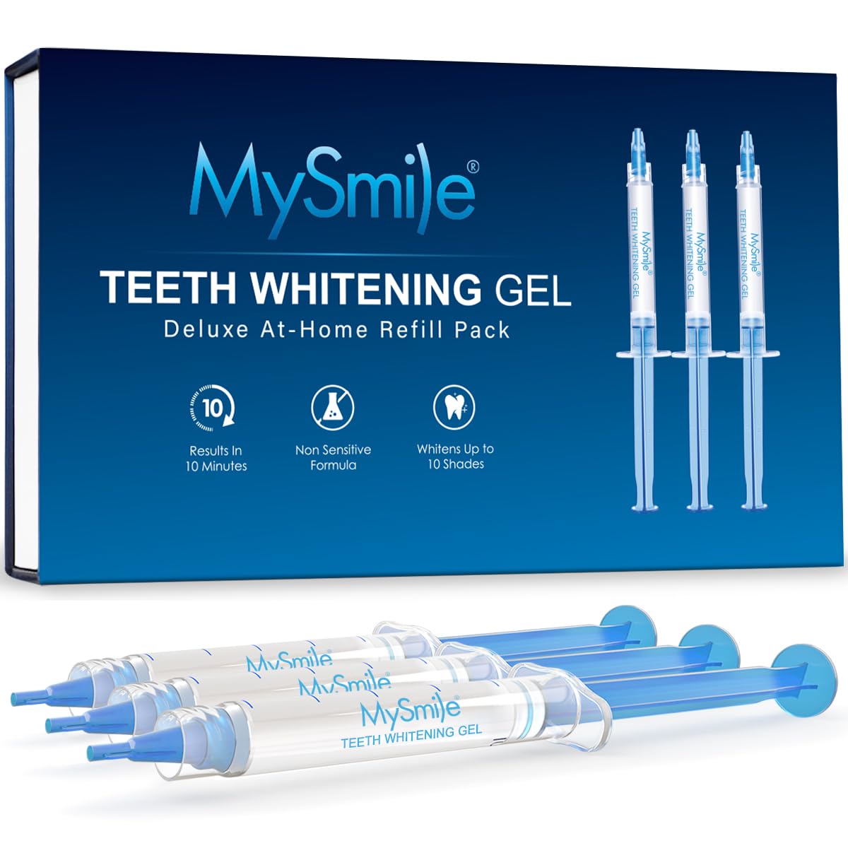 MySmile vista frontal del pack de tres plumas, práctico y portátil