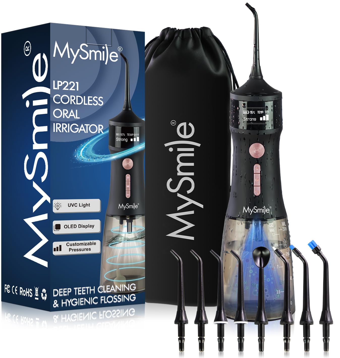 MySmile vista frontal del irrigador muestra diseño elegante y control intuitivo