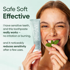 MySmile tubo abierto con pasta mostrando consistencia no abrasiva y alivio