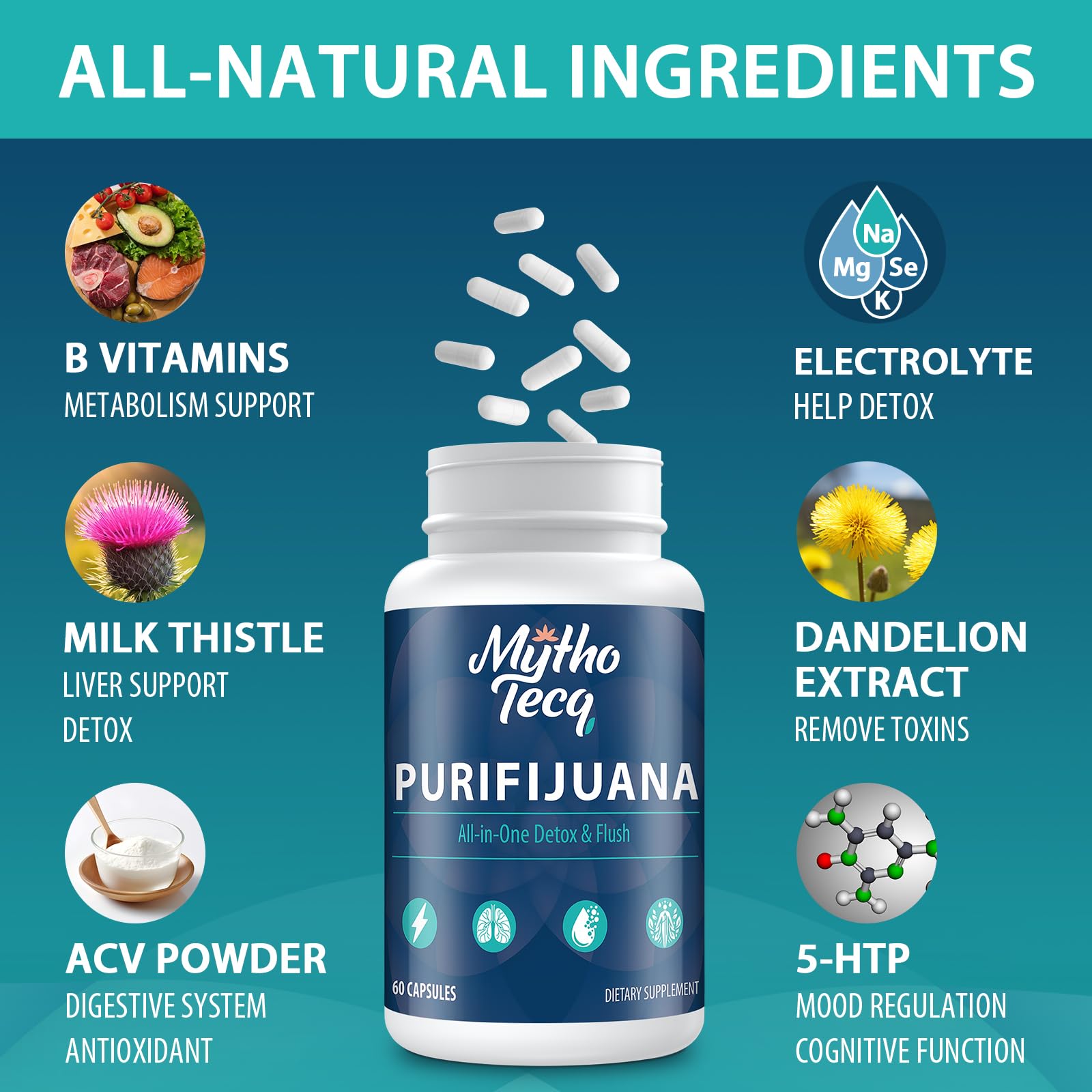 Etiqueta MythoTecq con lista de ingredientes visibles, beneficio transparencia