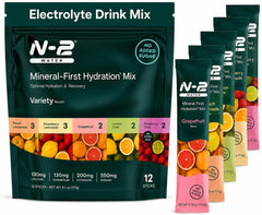 N-2 Water frente del paquete mostrando variedad de sabores y conveniencia