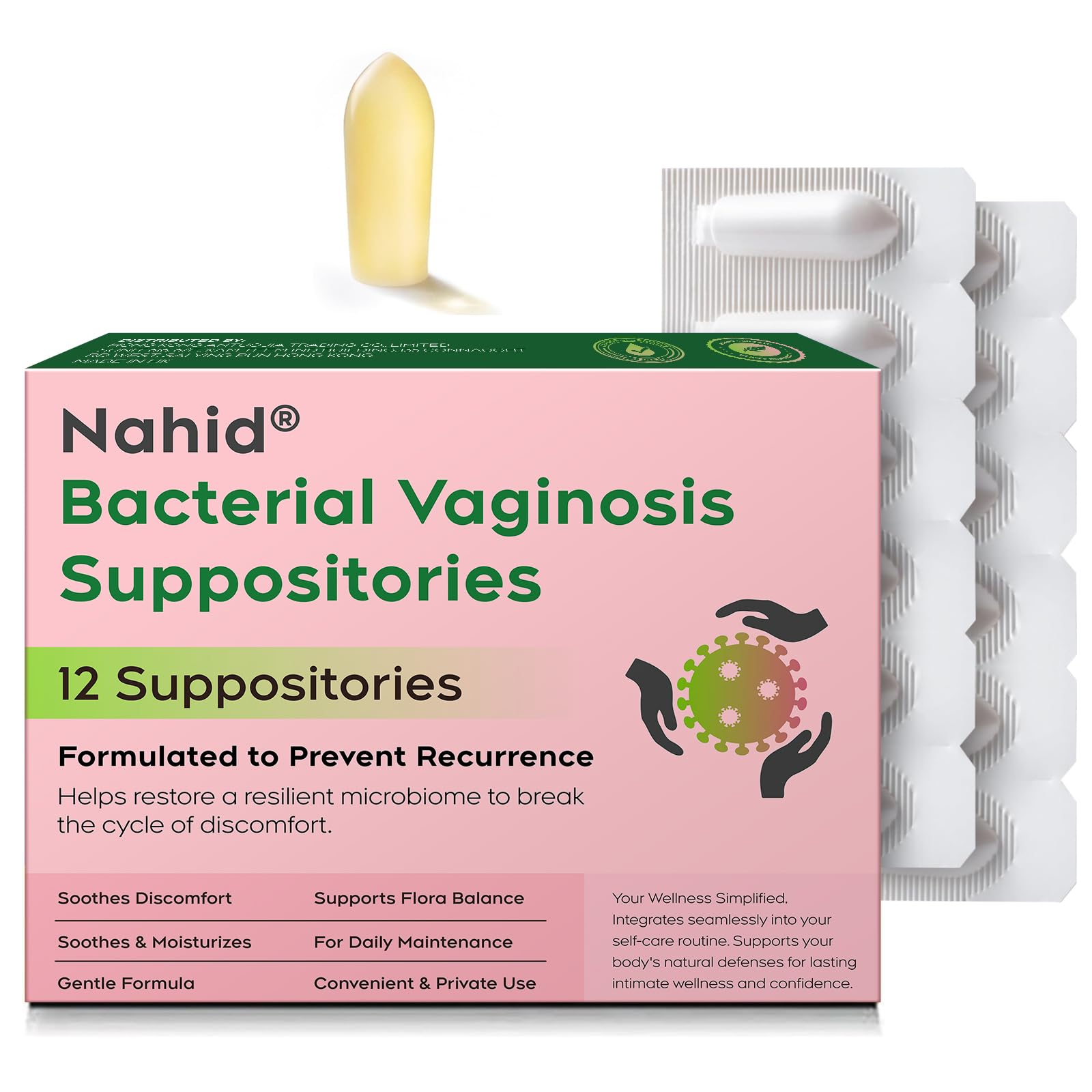 Nahid pack frontal mostrando 12 supositorios y beneficio de conveniencia