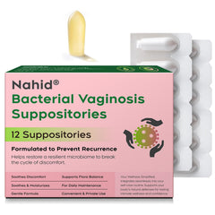 Nahid pack frontal mostrando 12 supositorios y beneficio de conveniencia