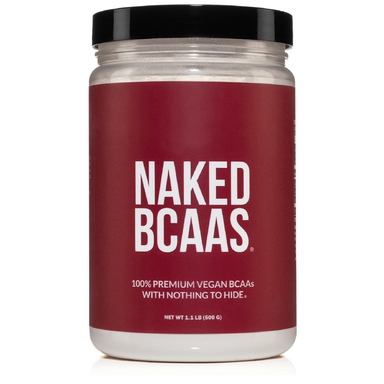 NAKED BCAAs frente del envase mostrando tamaño y diseño, claridad de ingredientes
