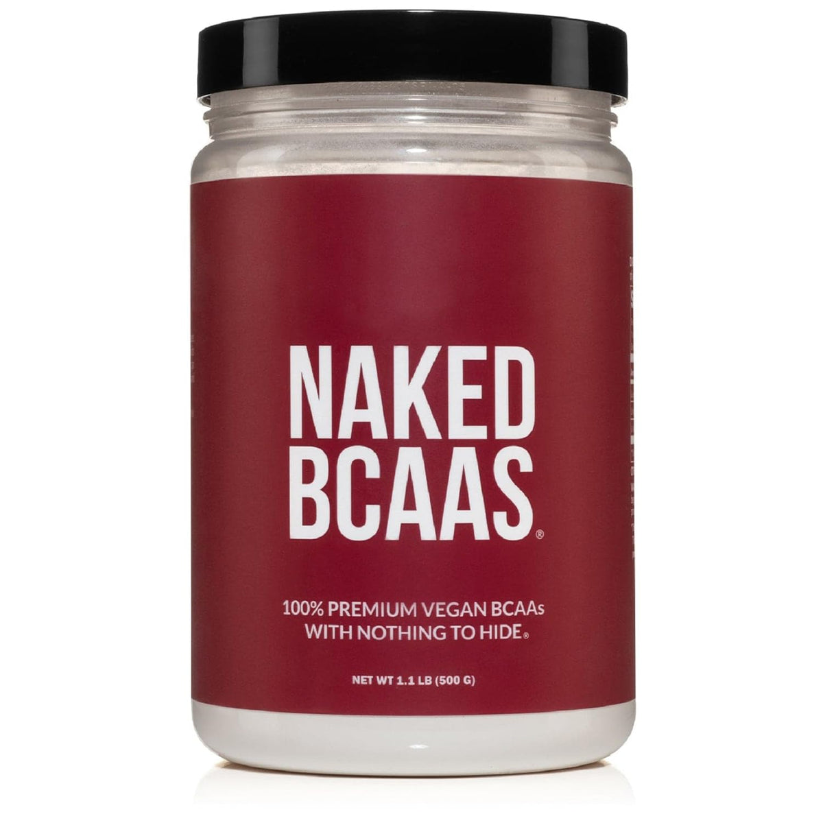 NAKED BCAAs frente del envase mostrando tamaño y diseño, claridad de ingredientes