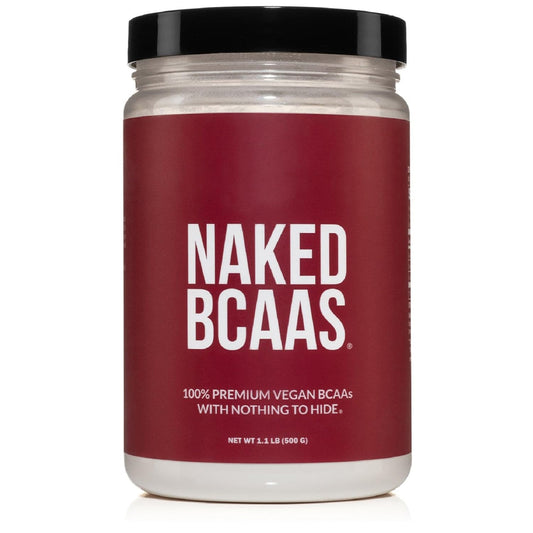 NAKED BCAAs frente del envase mostrando tamaño y diseño, claridad de ingredientes
