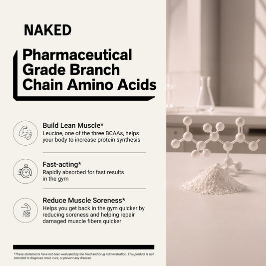 NAKED BCAAs textura en primer plano, polvo fino instantizado para rápida disolución