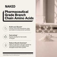 NAKED BCAAs textura en primer plano, polvo fino instantizado para rápida disolución