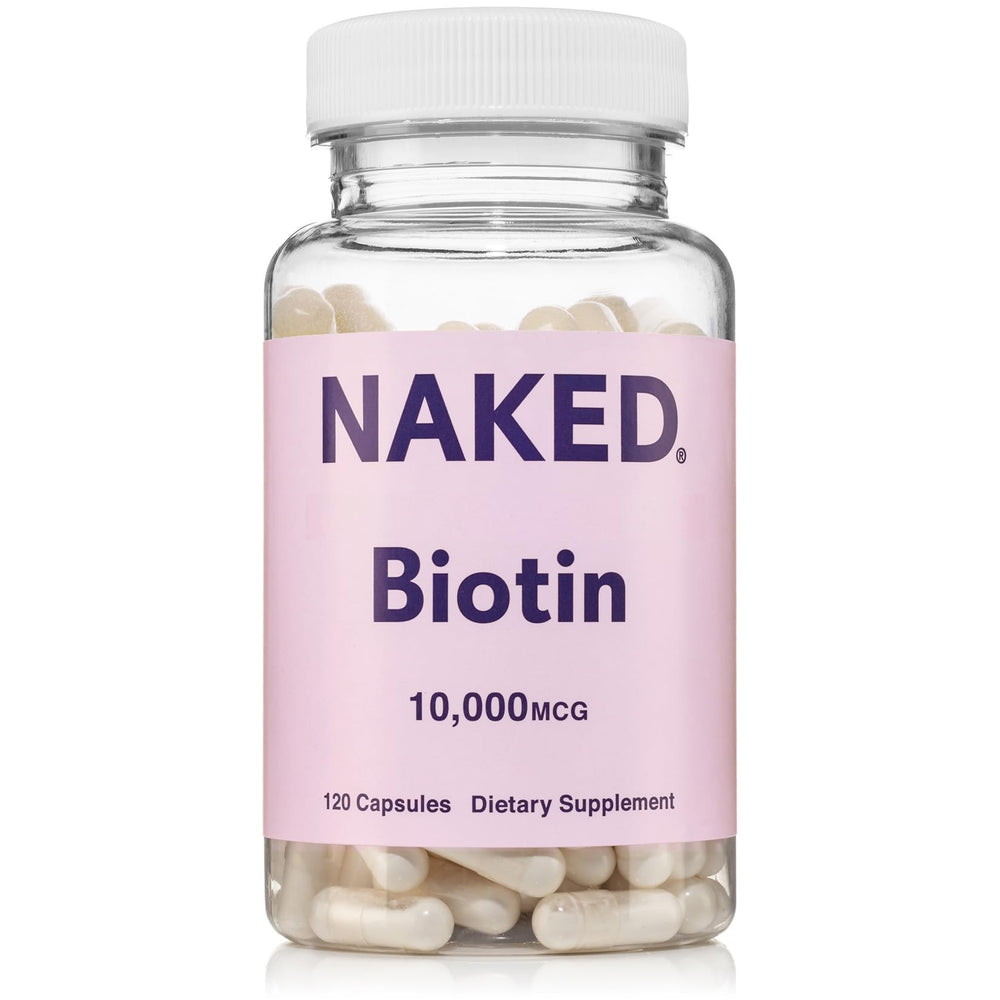 NAKED botella frontal mostrando etiqueta clara y dosis alta de biotina
