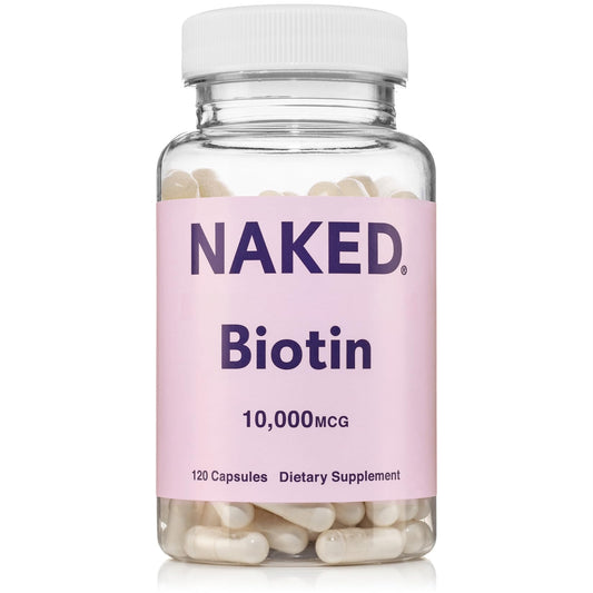 NAKED botella frontal mostrando etiqueta clara y dosis alta de biotina