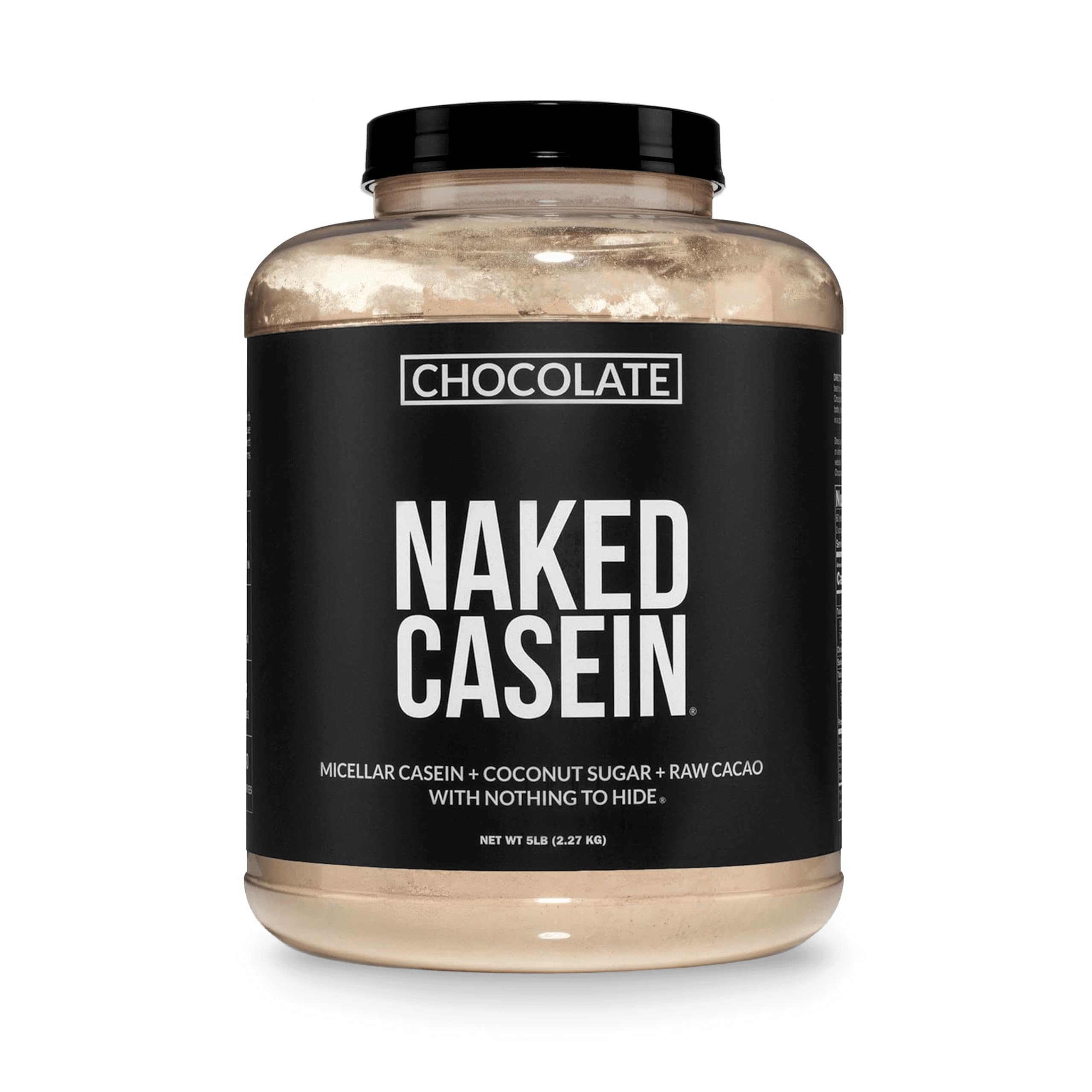 NAKED envase frontal de caseína micelar chocolate, aspecto limpio y claro
