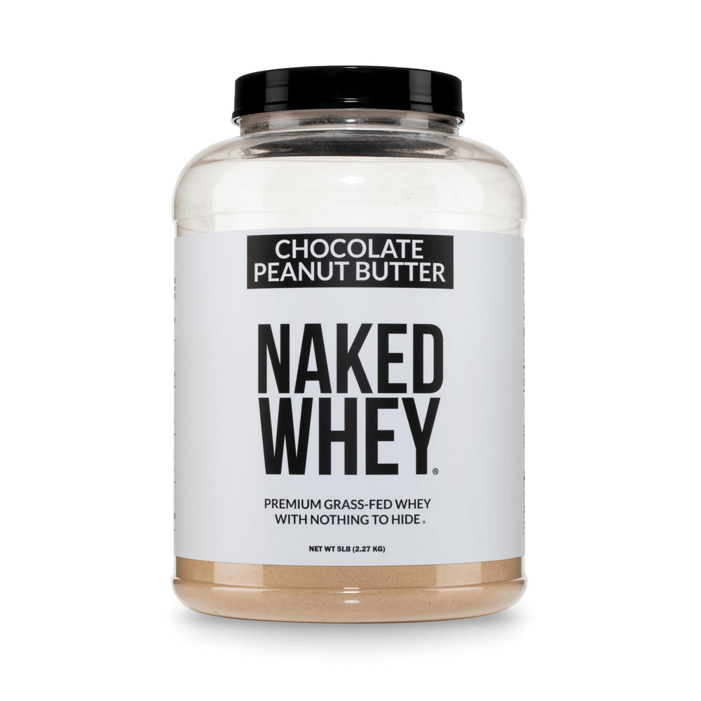 NAKED envase frontal del Whey Chocolate Peanut Butter, muestra el sabor y beneficios