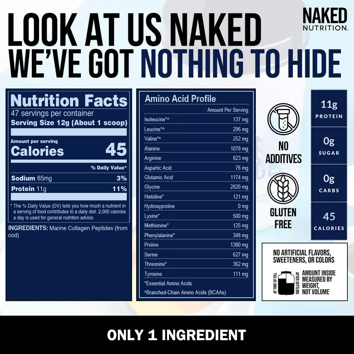 NAKED etiqueta nutricional del colágeno marino destacando proteína y aminoácidos