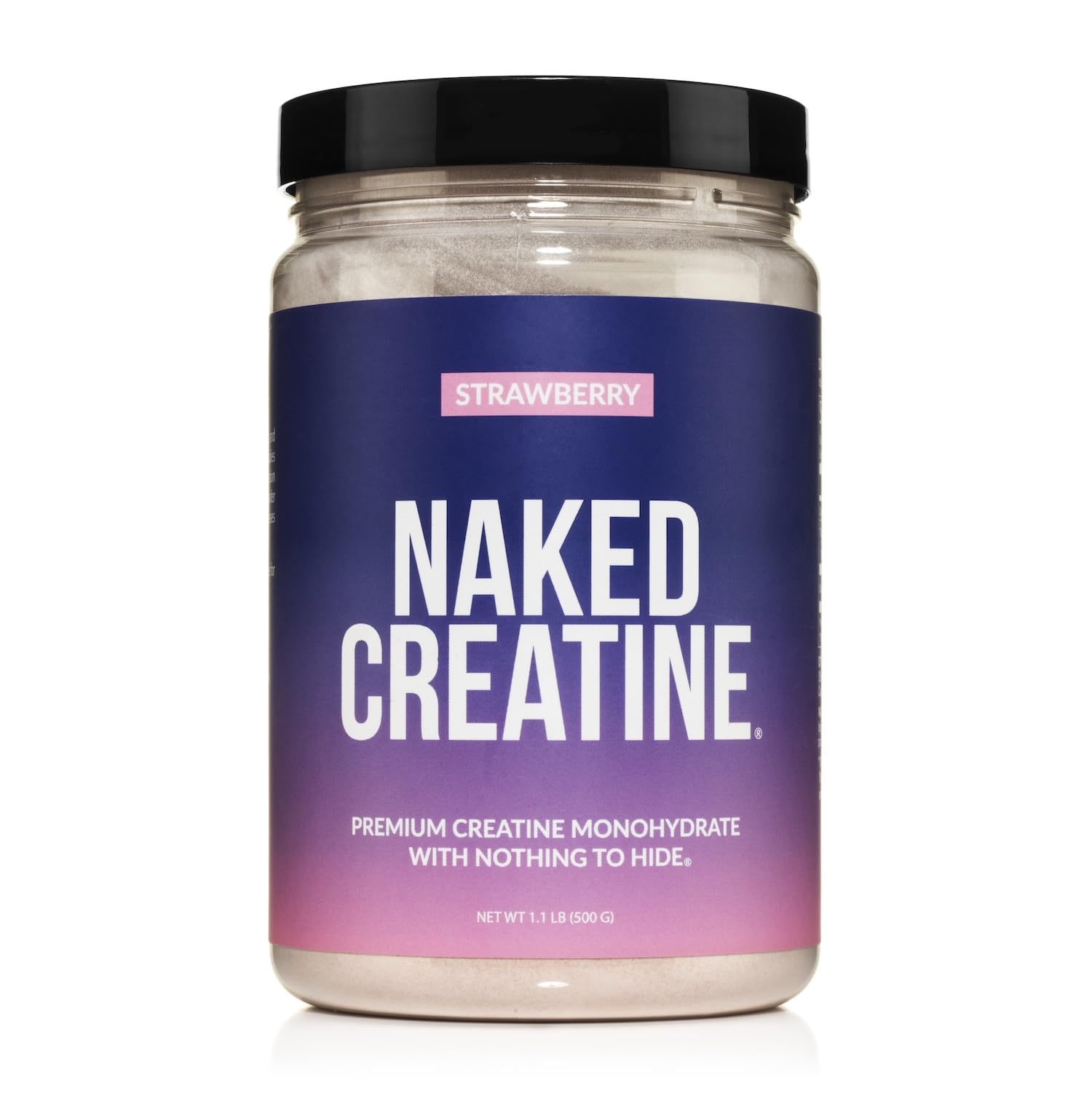 NAKED creatine frente del envase mostrando marca y beneficio transparencia