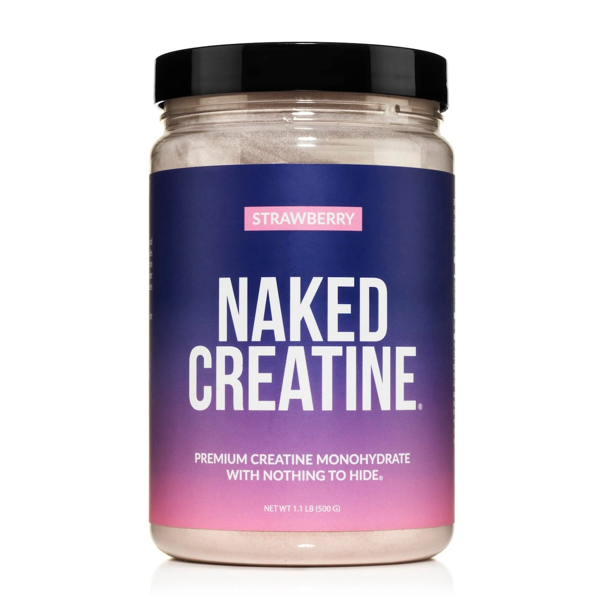 NAKED creatine frente del envase mostrando marca y beneficio transparencia