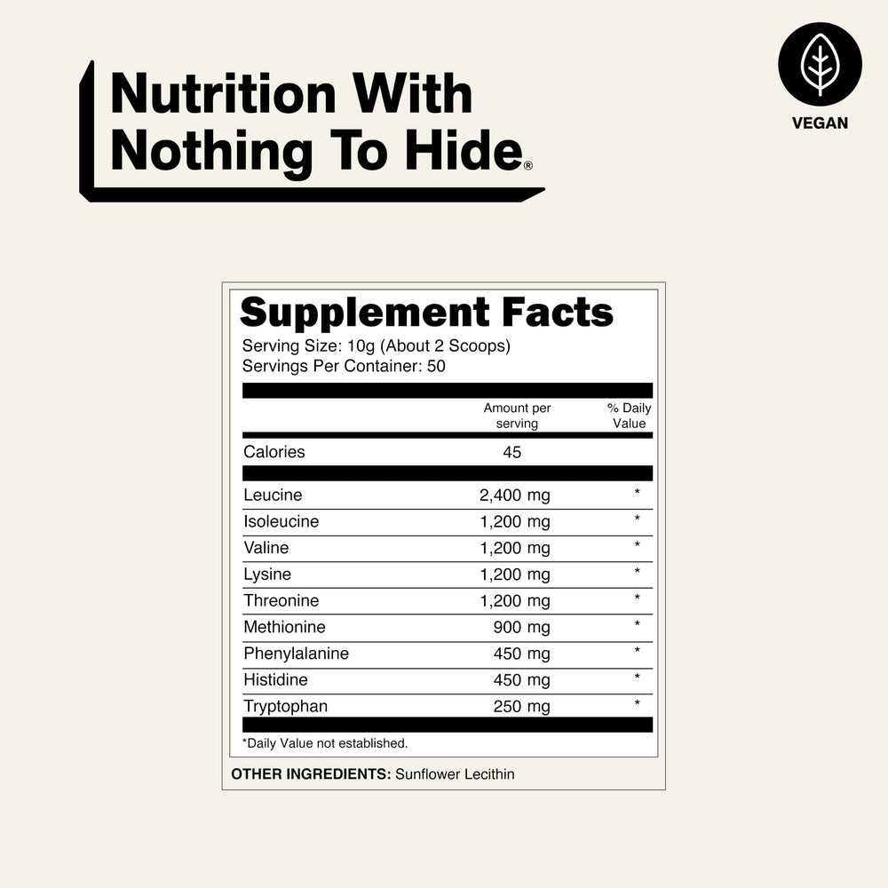 NAKED etiqueta con información nutricional y perfil de aminoácidos