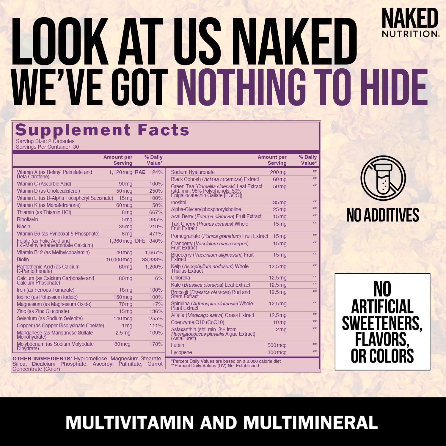 NAKED etiqueta con lista de ingredientes y valores, transparencia y confianza en formulación