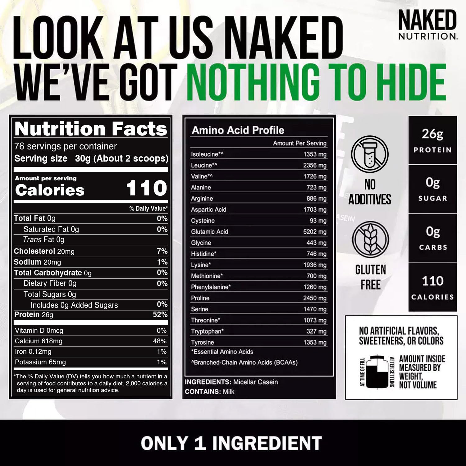 NAKED etiqueta nutricional destacando 26 g proteína y cero carbohidratos