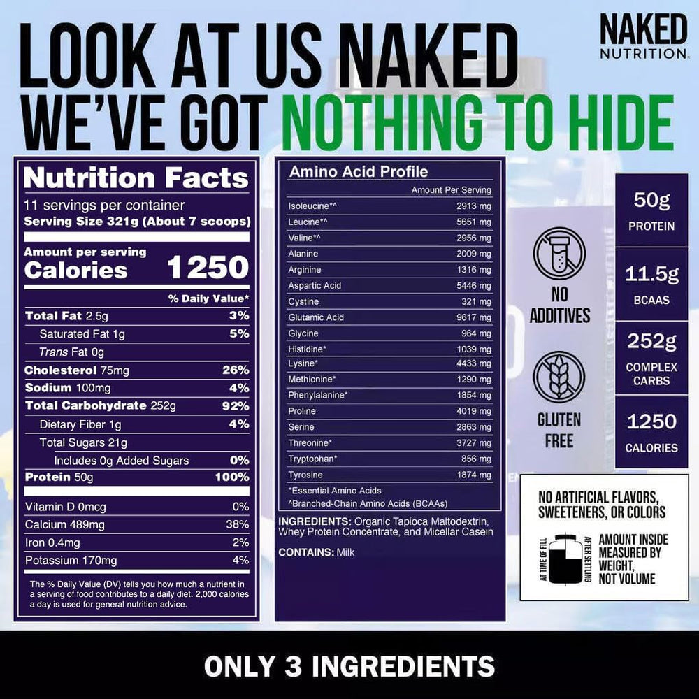 NAKED Mass ingredientes orgánicos maltodextrina de tapioca mostrando calidad