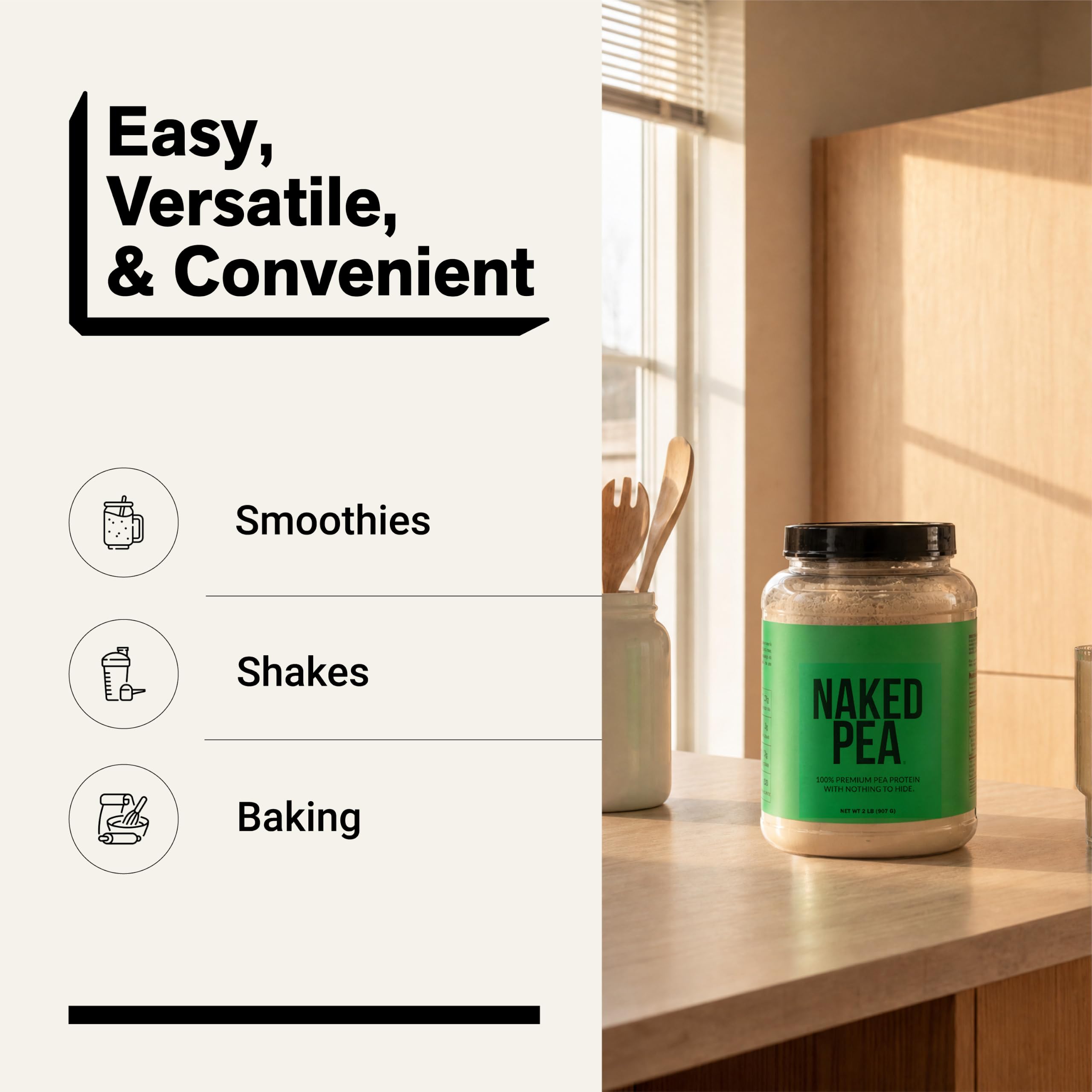 NAKED Pea batido vegano con frutas que muestra versatilidad en recetas