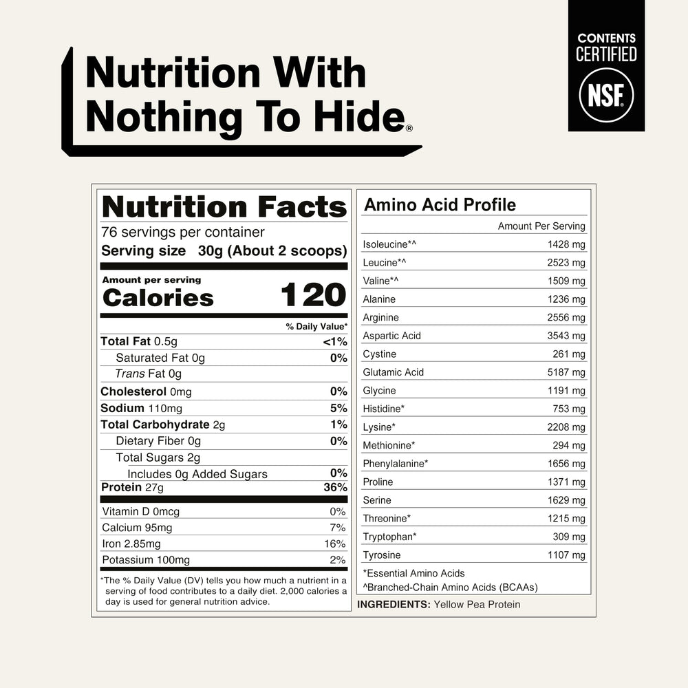 NAKED Pea etiqueta nutricional visible con datos de 27 g de proteína