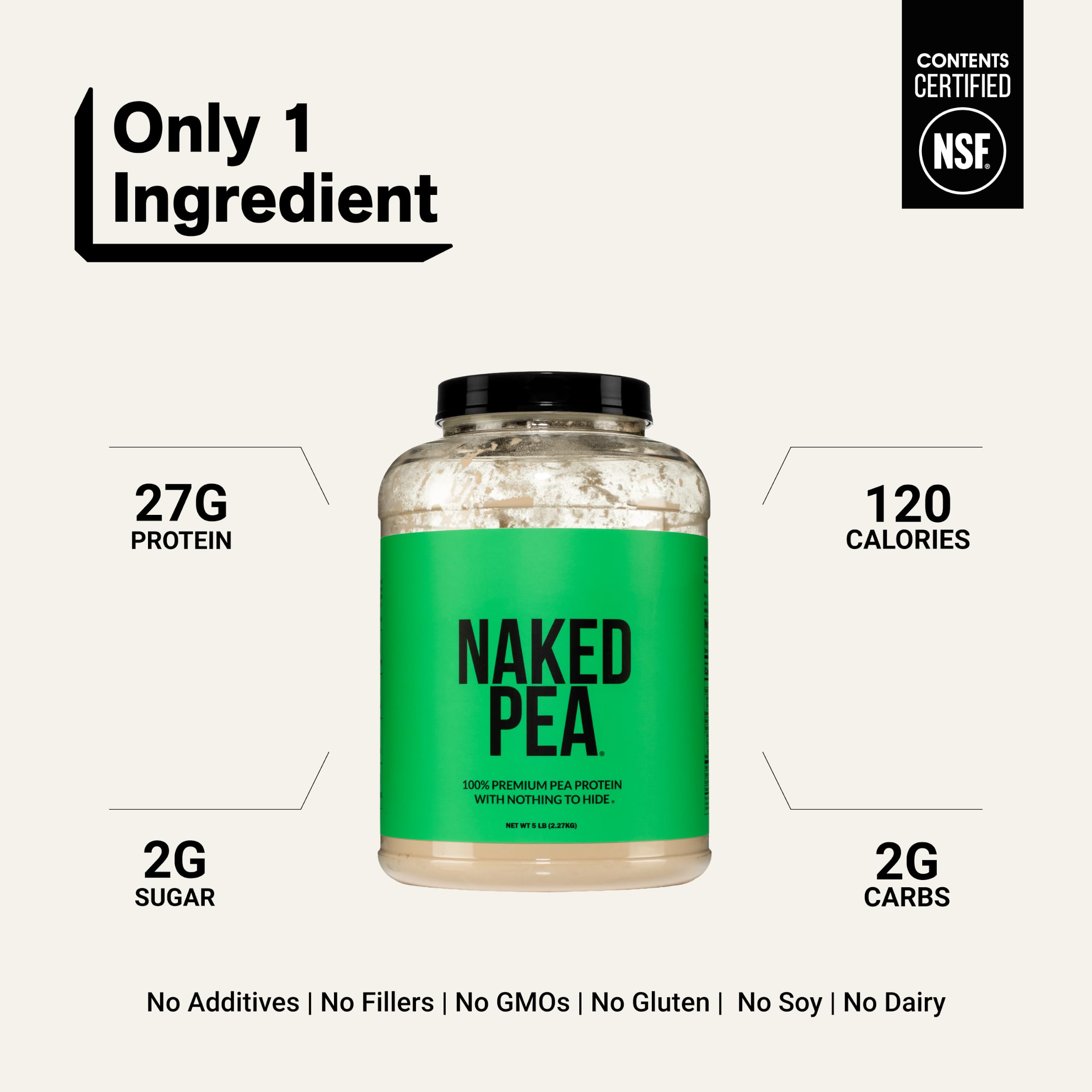 NAKED Pea con cuchara medidora y taza llena para referencia de porción